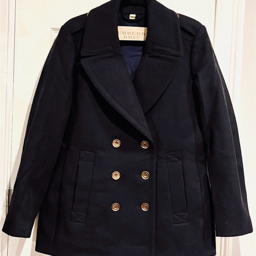 BURBERRY BRIT Women's Elegant Navy Blue Wool Peacoat